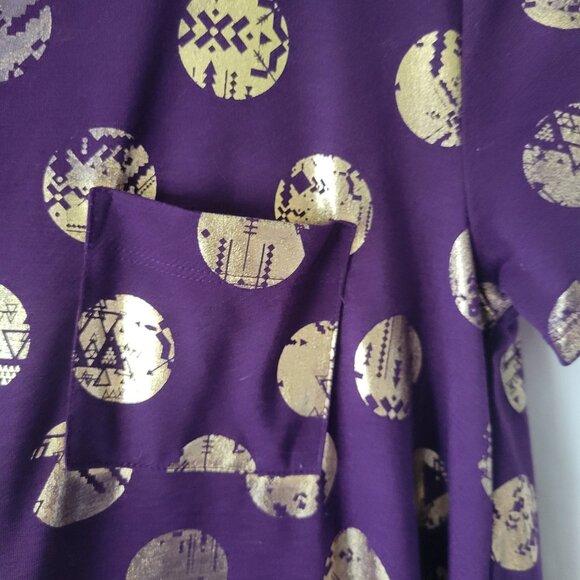 LuLaRoe Dress XS Purple w/Gold Medallions stretchy Simply Comfortable Hi-Low hem - Picture 5 of 11